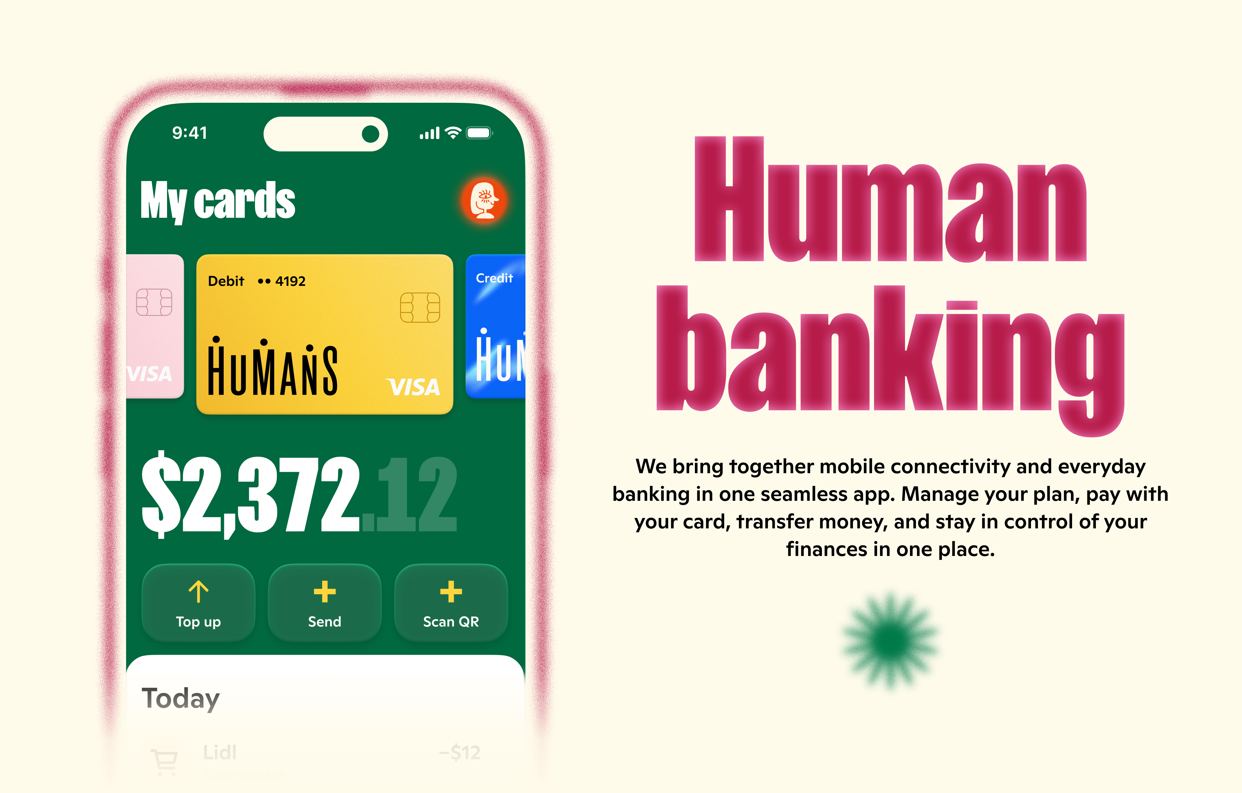 Humans Human banking screen alongside a phone mockup